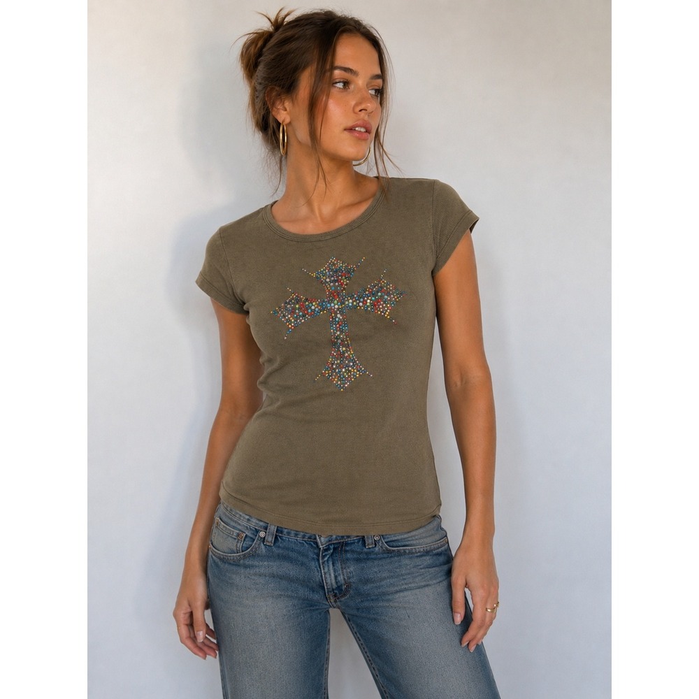 RYD Collection Olive Ribbed Rhinestone Cross Top S Y2K Medieval Mall Goth Grunge